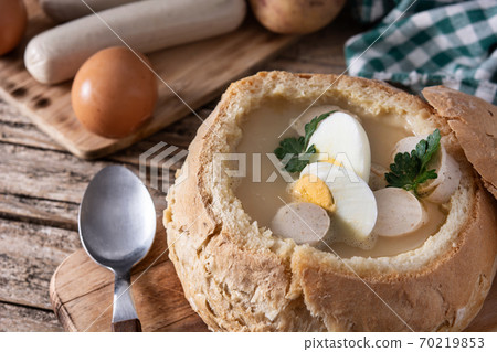 Zurek. Traditional Polish soup on wooden table 70219853