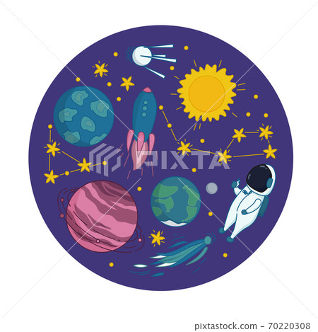 Outer space adventures with astronaut, flying rocket, satellite, comet, Sun, stars, constellations, Saturn, Earth and other planets. Vector illustration in cute cartoon style 70220308