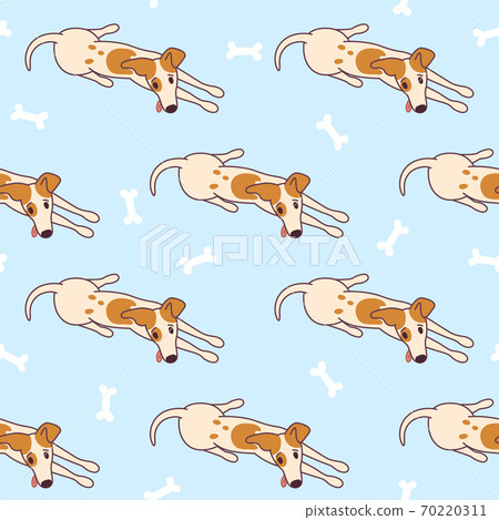Jack russel terrier lying on the floor, ready to play. Doggy seamless pattern with bones. Vector illustration in cute cartoon style 70220311