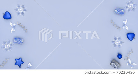 Flat composition of Christmas decorations in red, white, gold and silver on a beige background. 70220450