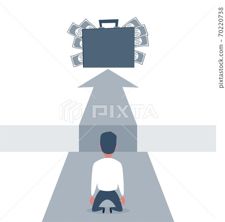 Sad businessman kneeling and looking down over big gap on way and money in suitcase at the top of it 70220738