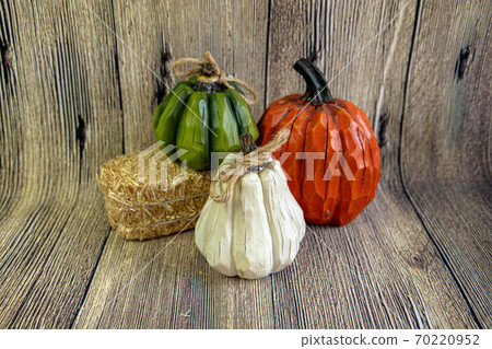 Autumn decorations with the diffrent color of pumpkins idoltaed on the wooden background. Thanksgiving content 70220952