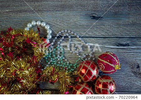 Christmas Decoration Over Wooden Background. Decorations over Wood. Vintage 70220964