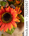 Close view of the orange decorative sunflower and two acorns isolated on blurred canvas. 70220967