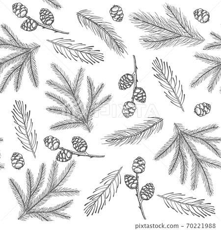 Xmas Seamless pattern with Christmas Tree Decorations, Pine Branches hand drawn art design vector illustration. Xmas Seamless pattern with Christmas Tree Decorations, Pine Branches hand drawn art design vector illustration. 70221988