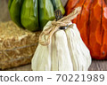 Close view of the white pumpkin with the blur view on the back with other colored pumpkins. 70221989