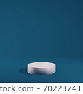 Light pastel pink round podium on blue background. Studio minimal stage, display product, marketing show. Vector 3d render realistic illustration. 70223741