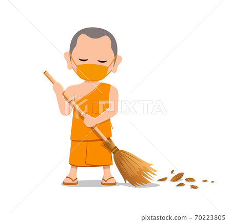 Thai monk put face mask virus protection, is leaf sweep, design isolated on white Thai monk put face mask virus protection, is leaf sweep, design isolated on white 70223805