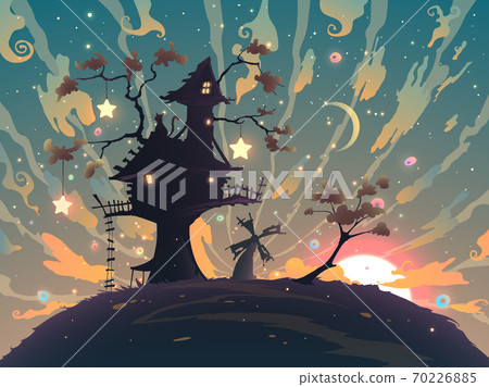Autumn fantasy landscape with sunset and house on tree silhouette in vector, colorful sky with stripes and magic clouds, fairy tale outdoors illustration Autumn fantasy landscape with sunset and house on tree silhouette in vector, colorful sky with stripes and magic clouds, fairy tale outdoors illustration 70226885