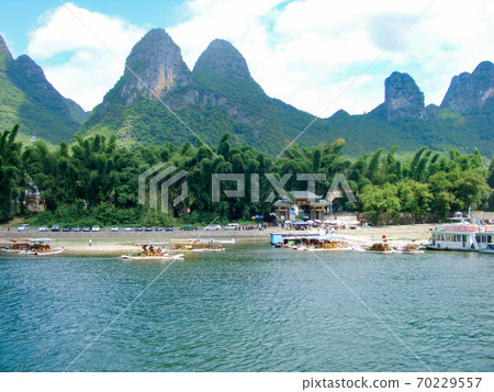 Bustle of the pier on the way down the Li River in Guilin 70229557