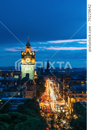 Edinburgh Castle with Cityscape from Calton Hill at dusk Scotland UK 70229642