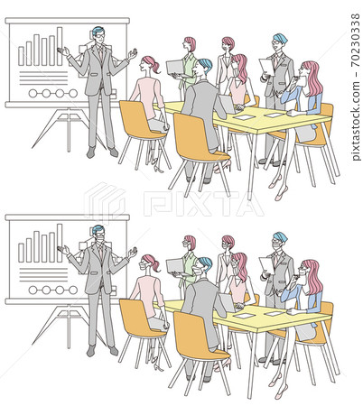 在辦公室開會的人的插圖・ 2個版本套(帶口罩,不帶口罩) 在辦公室開會的人的插圖・ 2個版本套(帶口罩,不帶口罩) 70230338