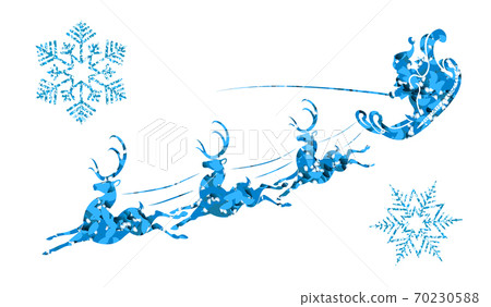 Textured silhouette of Santa Claus on a sleigh with reindeer and blue tint snowflakes Textured silhouette of Santa Claus on a sleigh with reindeer and blue tint snowflakes 70230588