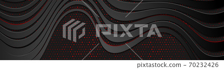 Black curved refracted waves and red dots abstract banner 70232426