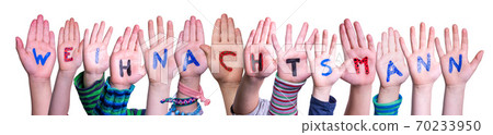 Children Hands Building Weihnachtsmann Means Santa Claus, Isolated Background Children Hands Building Weihnachtsmann Means Santa Claus, Isolated Background 70233950