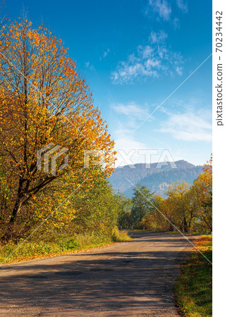 old asphalt road in mountains. beautiful autumn scenery on a sunny day. trees in colorful foliage. countryside journey on a weekend concept 70234442