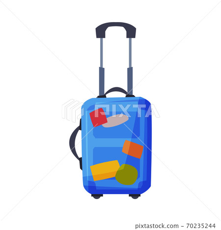 Modern Plastic Suitcase on Wheels with Travel Stickers, Summer Vacation Object, Traveling and Tourism Vector Illustration on White Background Modern Plastic Suitcase on Wheels with Travel Stickers, Summer Vacation Object, Traveling and Tourism Vector Illustration on White Background 70235244