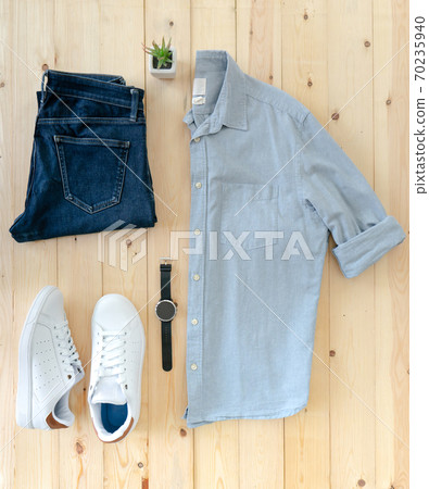 Men's clothing and objects on the floor Men's clothing and objects on the floor 70235940