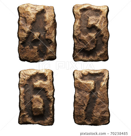 Set of rocky numbers 4, 5, 6, 7. Font of stone on white background. 3d 70238485
