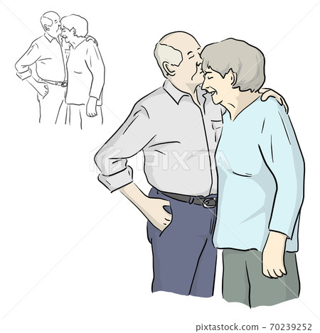 old husband kissing his wife on her forehead vector illustration sketch doodle hand drawn with black lines isolated on white background 70239252