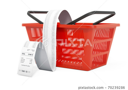 Shopping basket with long receipt. 3D rendering Shopping basket with long receipt. 3D rendering 70239286