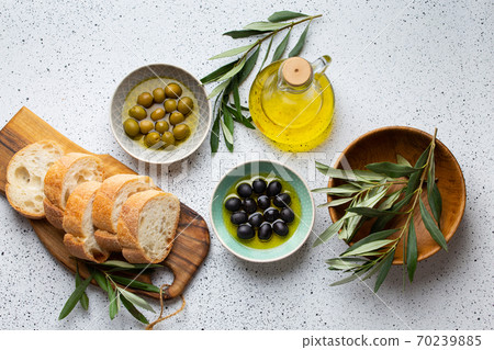 Ingredients and appetizers for Italian or mediterranean meal 70239885