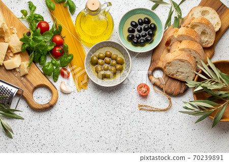 Ingredients and appetizers for Italian or mediterranean meal 70239891