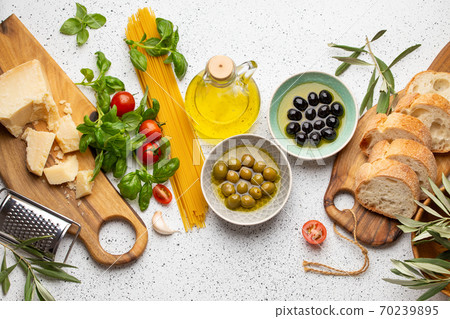 Ingredients and appetizers for Italian or mediterranean meal 70239895