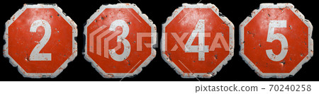Set of numbers 2, 3, 4, 5 made of public road sign in red and white with a capital in the center isolated on black background. 3d Set of numbers 2, 3, 4, 5 made of public road sign in red and white with a capital in the center isolated on black background. 3d 70240258