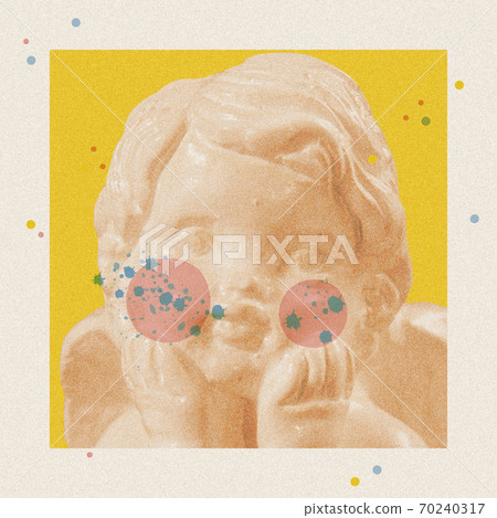 Art collage with antique sculpture of Cupid face and numbers, geometric shapes. Beauty, fashion and health theme. Science, research, discovery, technology concept. Zine culture. Pop art style. 70240317