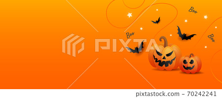 Halloween horror story. Happy halloween background template with orange trick or treat pumpkin and color candy, bats on orange background. 70242241