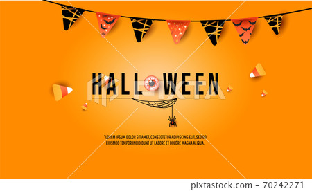 Halloween banner, party invitation concept. Creative trendy decor with flags garland, colorful candies, spider with cobwebs on an orange background Halloween banner, party invitation concept. Creative trendy decor with flags garland, colorful candies, spider with cobwebs on an orange background 70242271