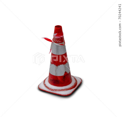Traffic cone under the snow. Urban, under construction, road work and construction works concept photo. Isolated on white background. 70244241