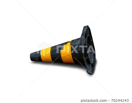 Traffic cone. Old, broken and fallen. Concept photo of Under construction, road work and construction works. Isolated on white background. 70244243