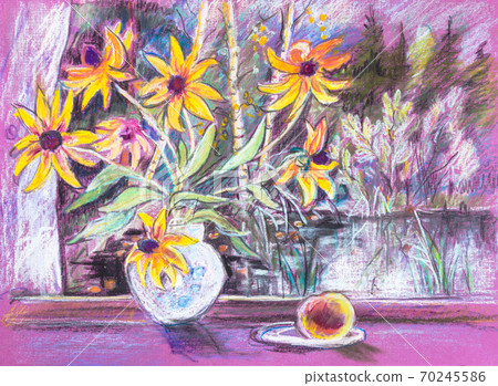 bouguet of yellow flowers on windowsill 70245586
