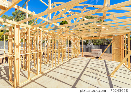 Pallets with bricks delivered to the house construction site 70245638
