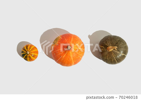 Pumpkin top on white background. Flat lay, top view. Isolated background. Autumn background. Healthy Pumpkin top on white background. Flat lay, top view. Isolated background. Autumn background. Healthy 70246018