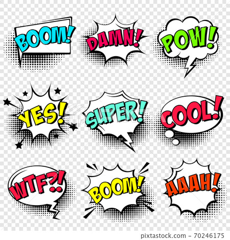 Comic speech bubbles with halftone shadow and text phrase. Vector hand drawn retro cartoon stickers Comic speech bubbles with halftone shadow and text phrase. Vector hand drawn retro cartoon stickers 70246175