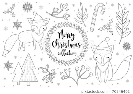 Cute little fox set Coloring book page for kids. Collection of design element sketch outline style. Kids baby clip art funny smiling kit. Vector illustration 70246401