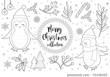 Cute little penguin set Coloring book page for kids. Collection of design element sketch outline style. Kids baby clip art funny smiling kit. Vector illustration 70246405