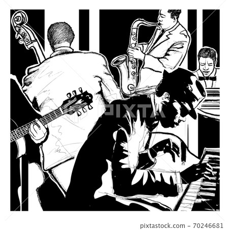 Jazz band with guitar, double bass, piano, saxophone and keyboard Jazz band with guitar, double bass, piano, saxophone and keyboard 70246681