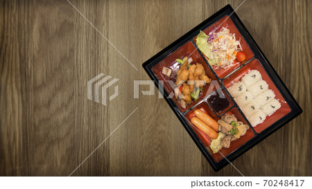 Bento set of pork chicken and sauces tempura with rice and salad in japanese Bento set of pork chicken and sauces tempura with rice and salad in japanese 70248417