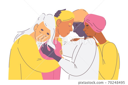 Young female friends supporting girl in hard moment. Concept illustration with close characters hugging each others. Closed eyes. Various races Young female friends supporting girl in hard moment. Concept illustration with close characters hugging each others. Closed eyes. Various races 70248495