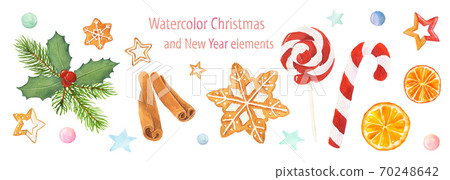 Set of watercolor Christmas elements isolated on white background. 70248642
