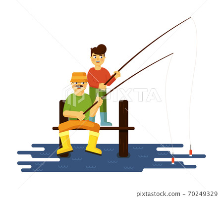 Father and son fishing together illustration on white 70249329