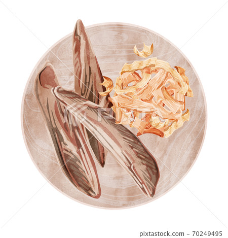 Illustration of dried bonito and bonito flakes on a wooden plate 70249495