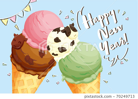 New Year's card of ice cream topped with cow-shaped chocolate (horizontal) 70249713