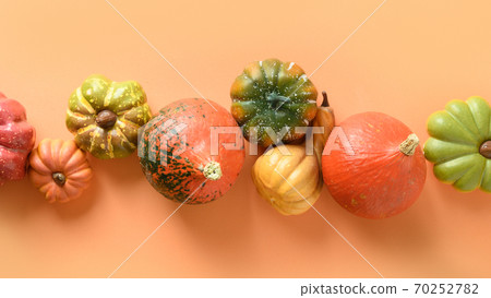 Many pumpkins in raw on orange background Many pumpkins in raw on orange background 70252782