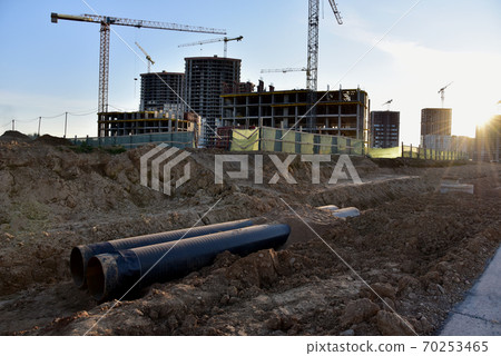 Sewer pipes for laying an external sewage system at a construction site. Sewer pipes for laying an external sewage system at a construction site. 70253465