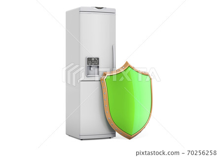 Refrigerator with shield. Guarantee and protection fridge concept. 3D rendering 70256258